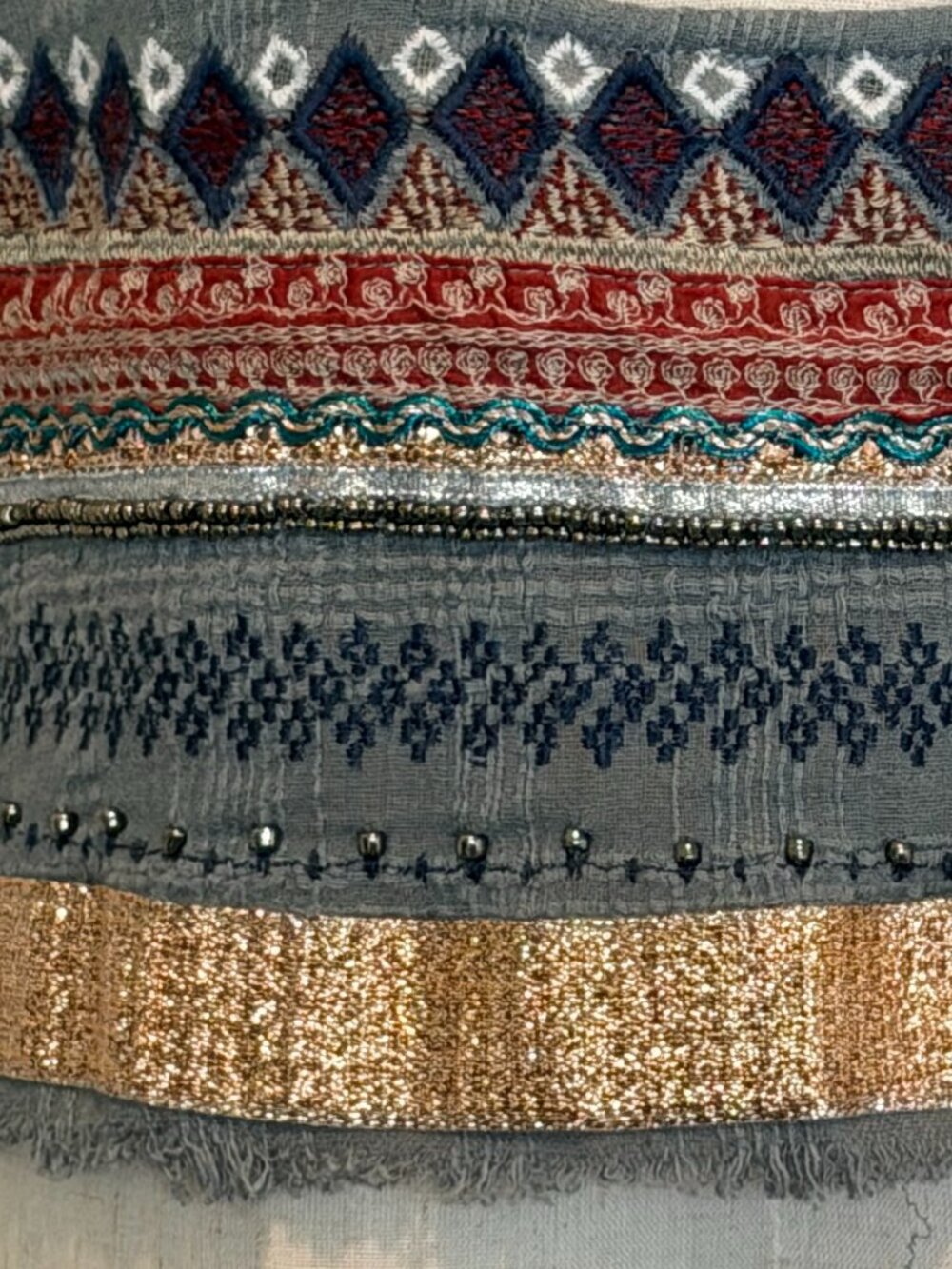 Ecote Boho Embellished Cotton Tank - Green & Gold Festival Top S - Picture 5 of 10
